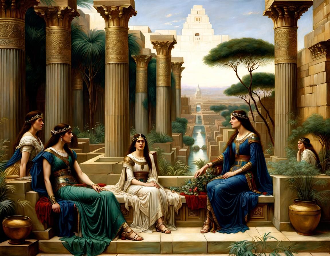 Babylonian Queen Relaxing in Hanging Gardens: Oil Painting