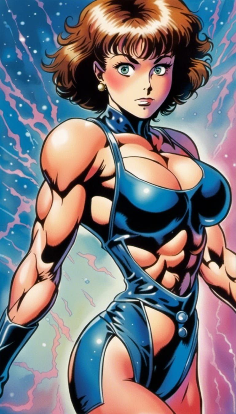 80s Bodybuilder in Blue Corset Anime Illustration