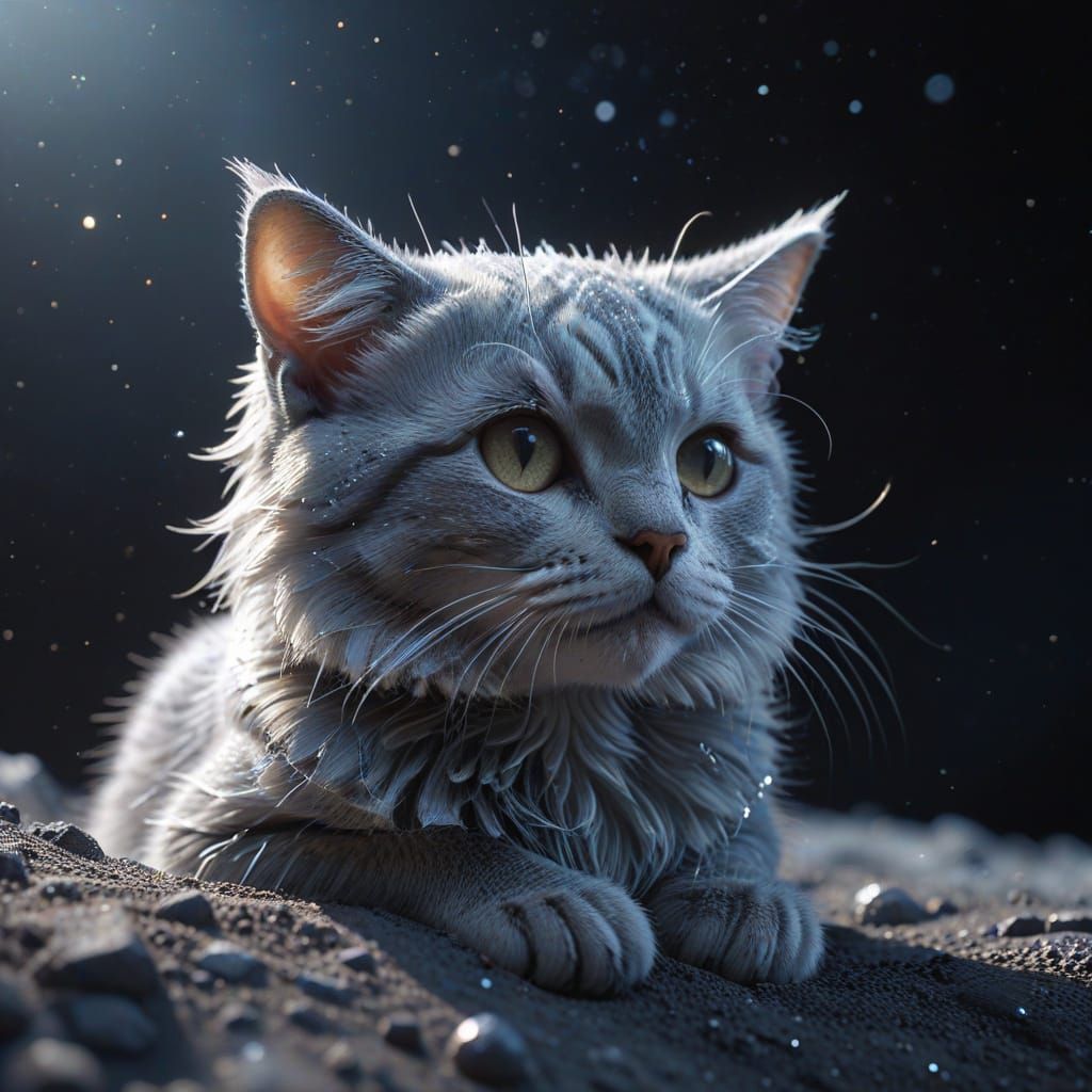 Cuddly Cat on the Moon in 3D Art