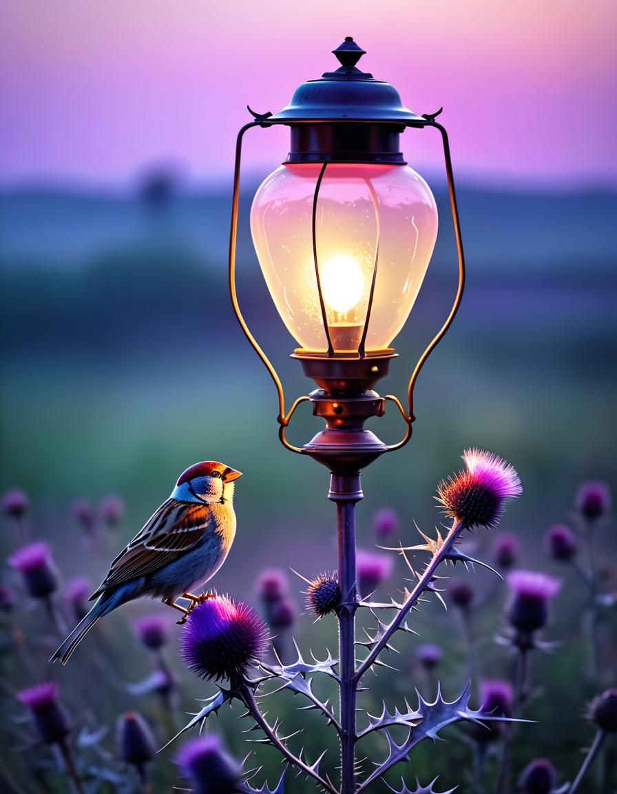 Lit the lamp bulb before sparrow cry from thistle
