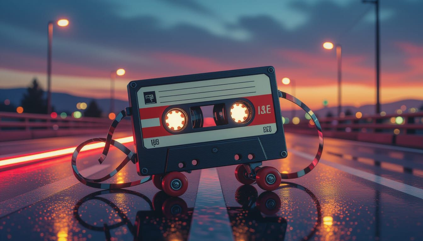 Cassette Tape Becomes Chrome Roller Highway at Dusk