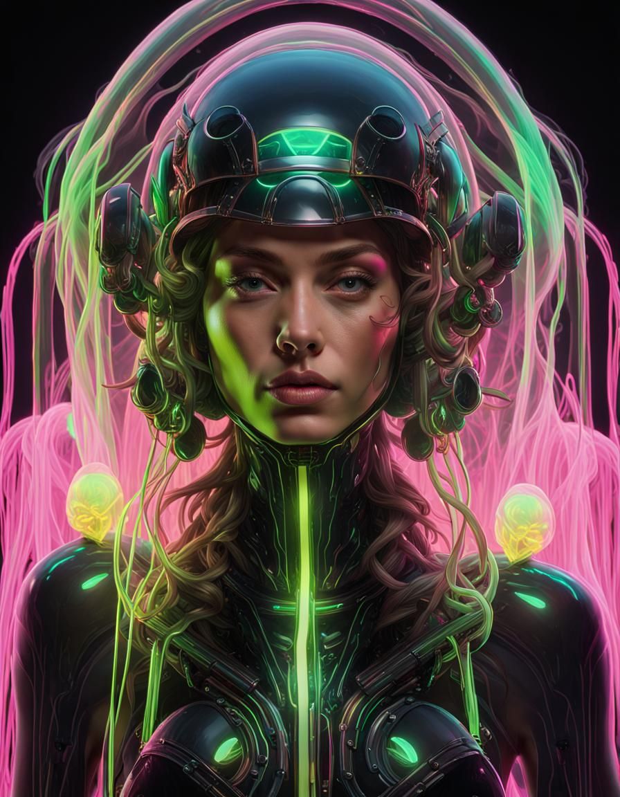 Woman in Bioluminescent Helmet: Hyperdetailed Digital Portra...