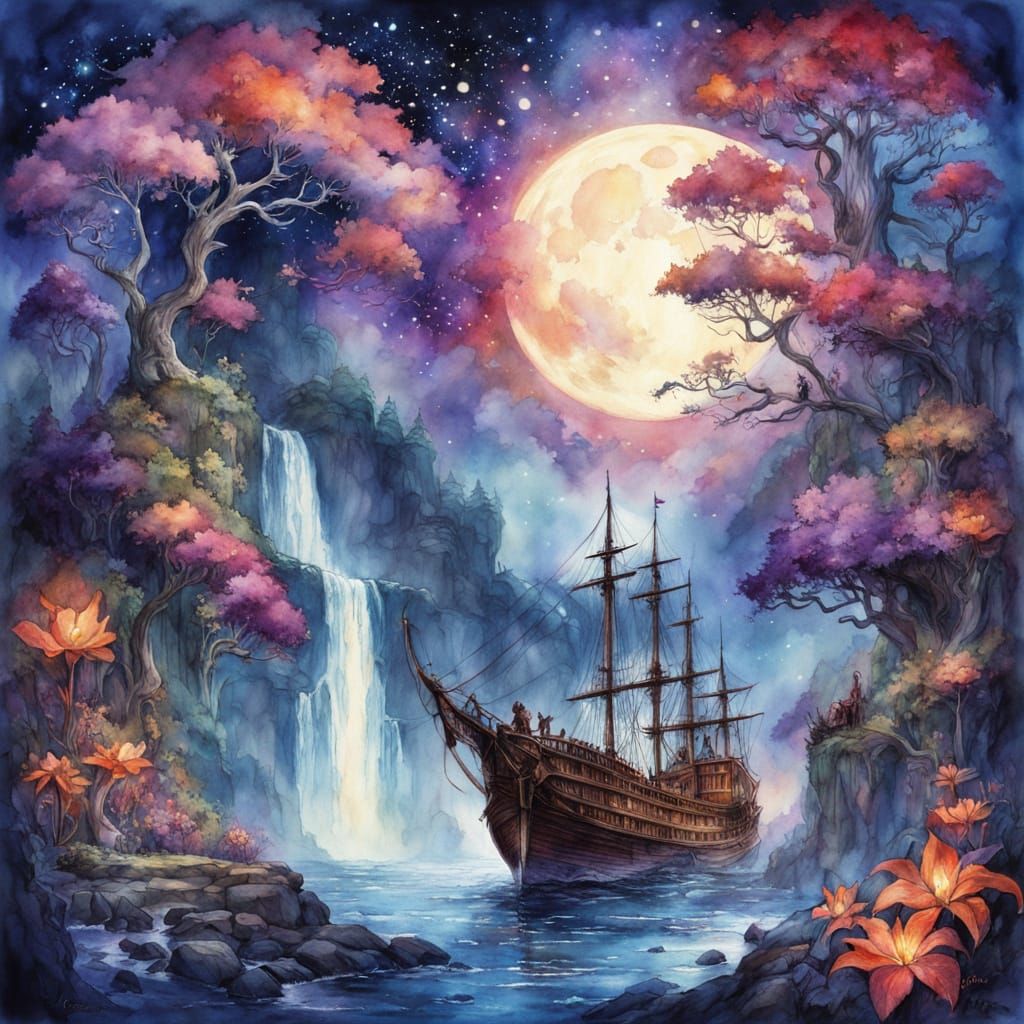 Fantasy Landscape with Waterfall in Watercolor Style