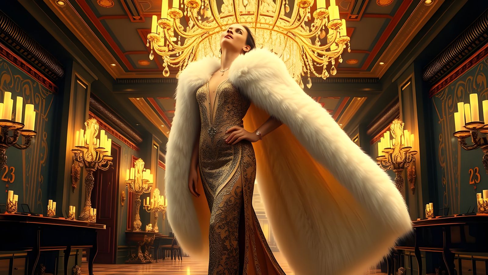 Gatsby-Era Socialite in Opulent Ballroom Splendor