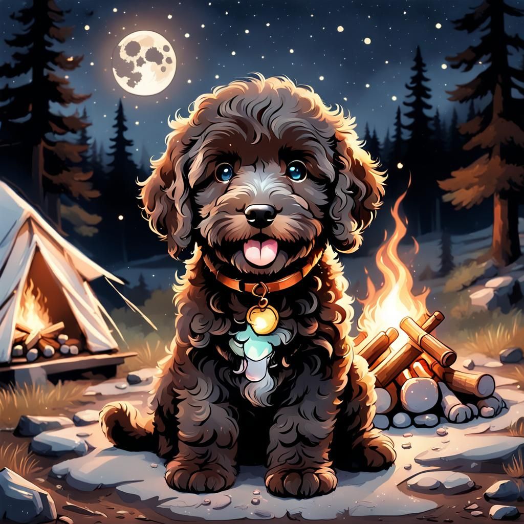Charming Labradoodle Roasting Marshmallow by Campfire