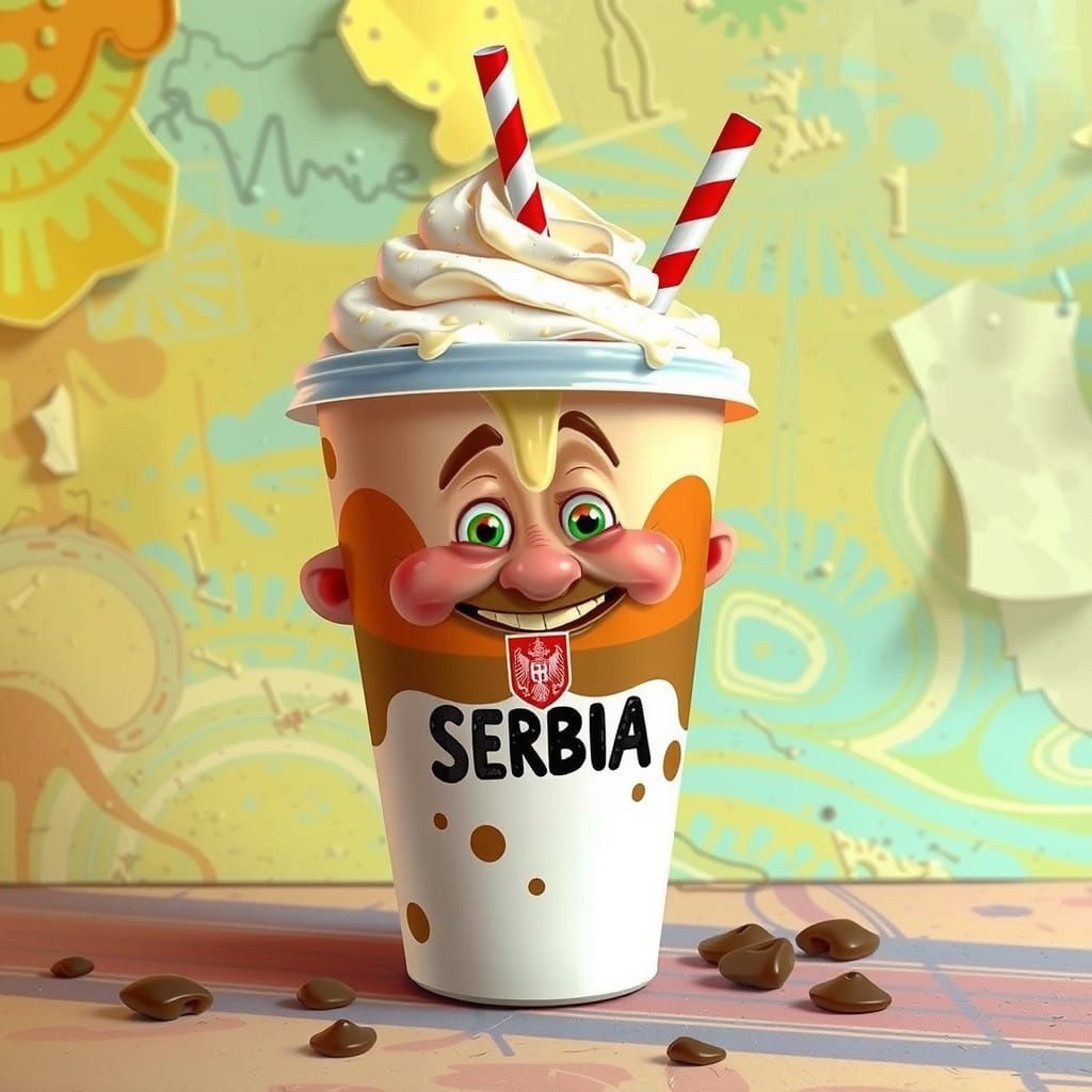 Vibrant Serbian Coffee Cup Caricature in Digital Street Art ...
