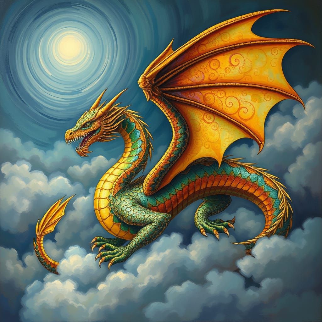 Majestic Dragon Soars in Dreamy, Surreal Skies