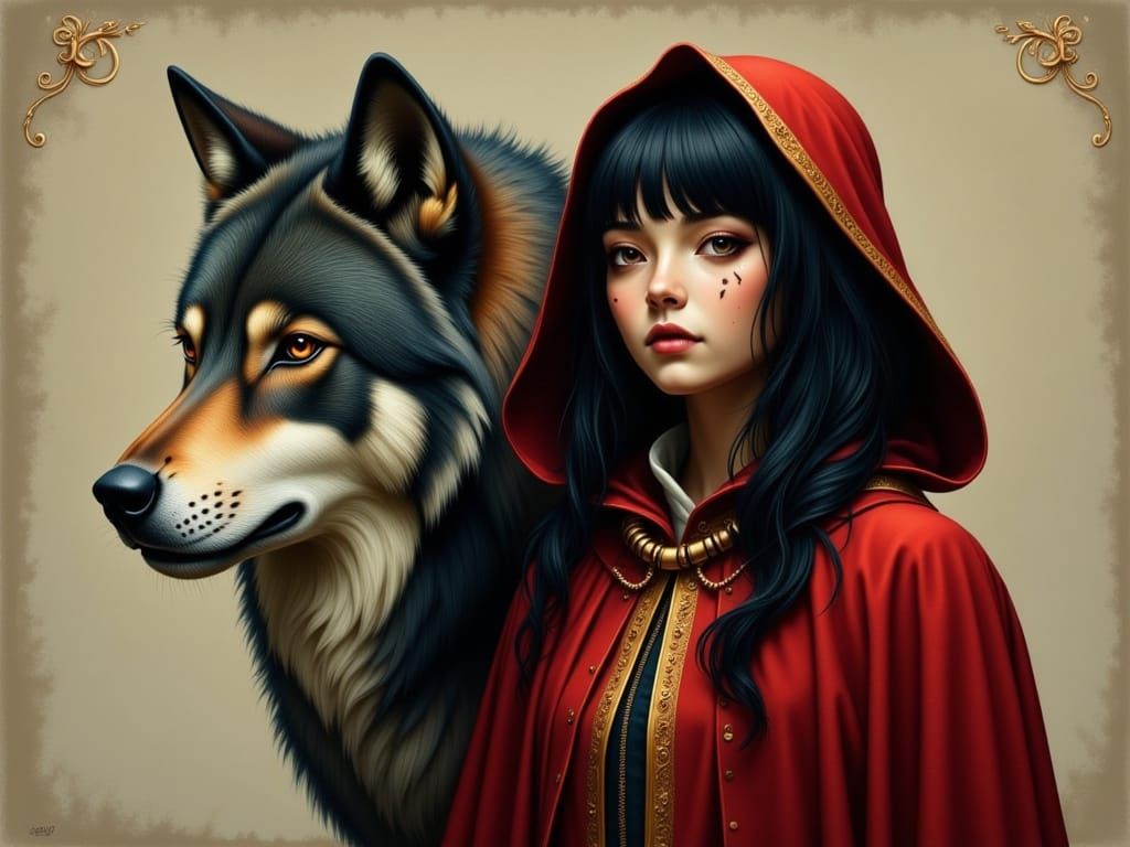 Woman in Red Cloak Beside Wolf, Surreal Art