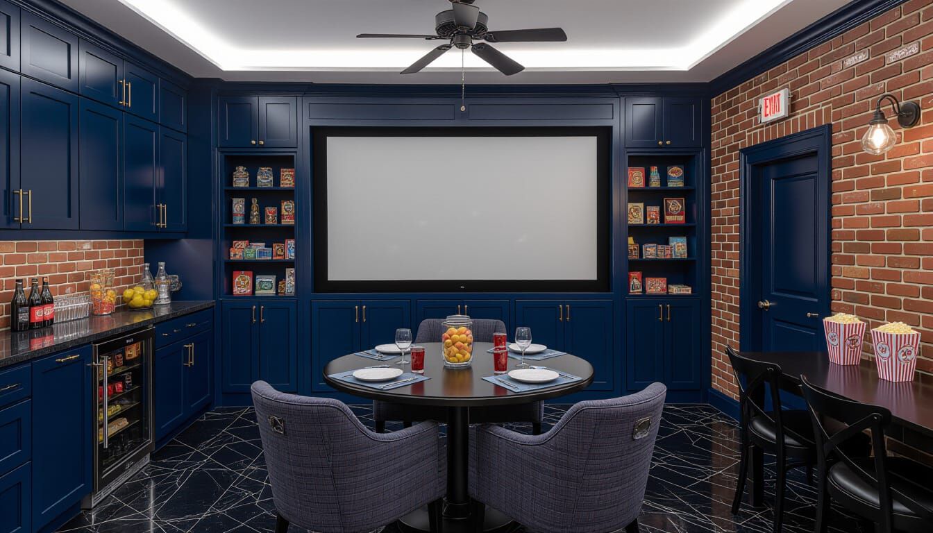 Victorian Movie Room with Dark Blue and Brick Accents