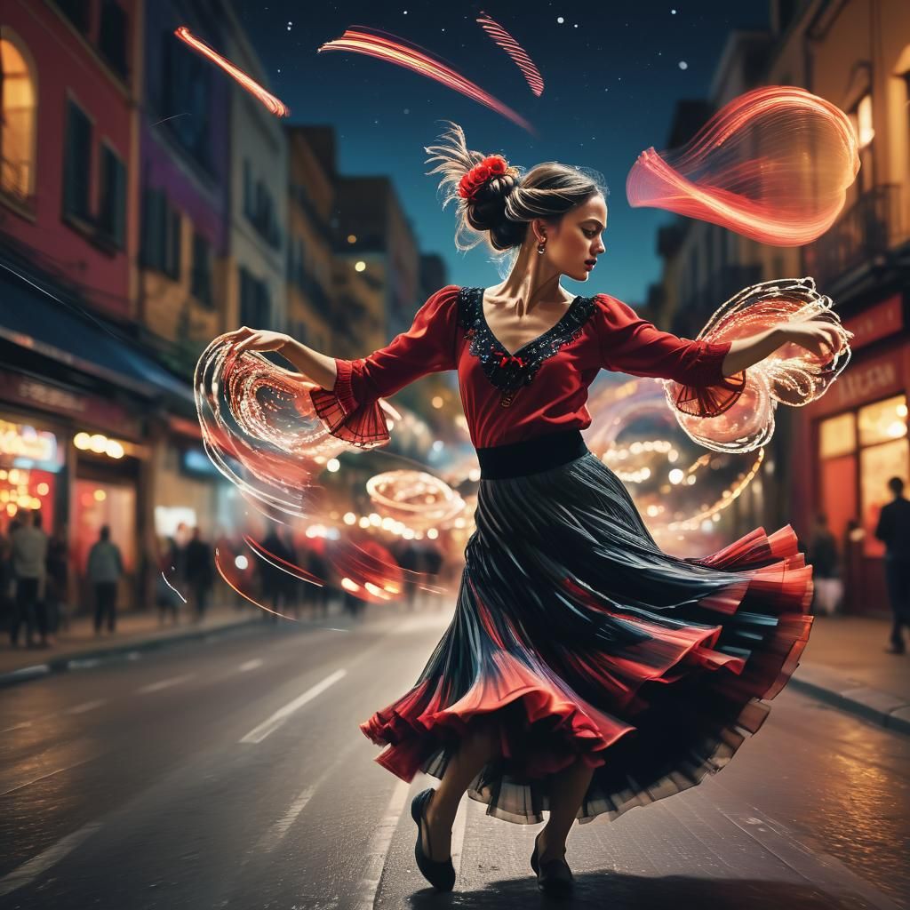 Flamenco Dancer in Night City, Long Exposure Photography