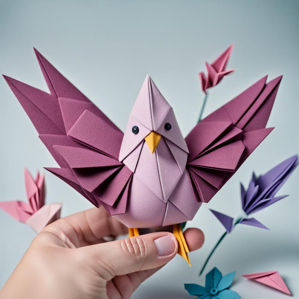 An origami bird surrounded by felt flowers, Close-up portrait, color portrait, Origami paper folds papercraft, made of p...