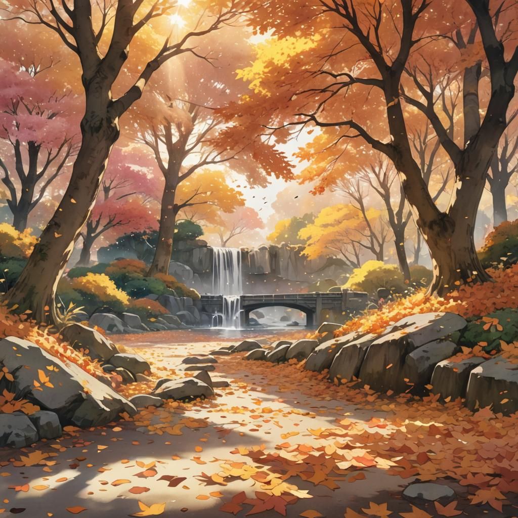 Anime Bird in Autumn Leaves: Japanese Watercolor Art