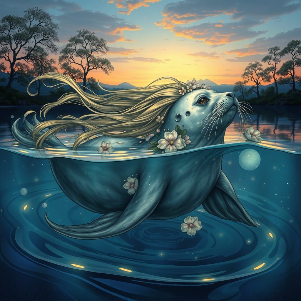 Ethereal Selkie in Loch at Twilight, Art Nouveau Style