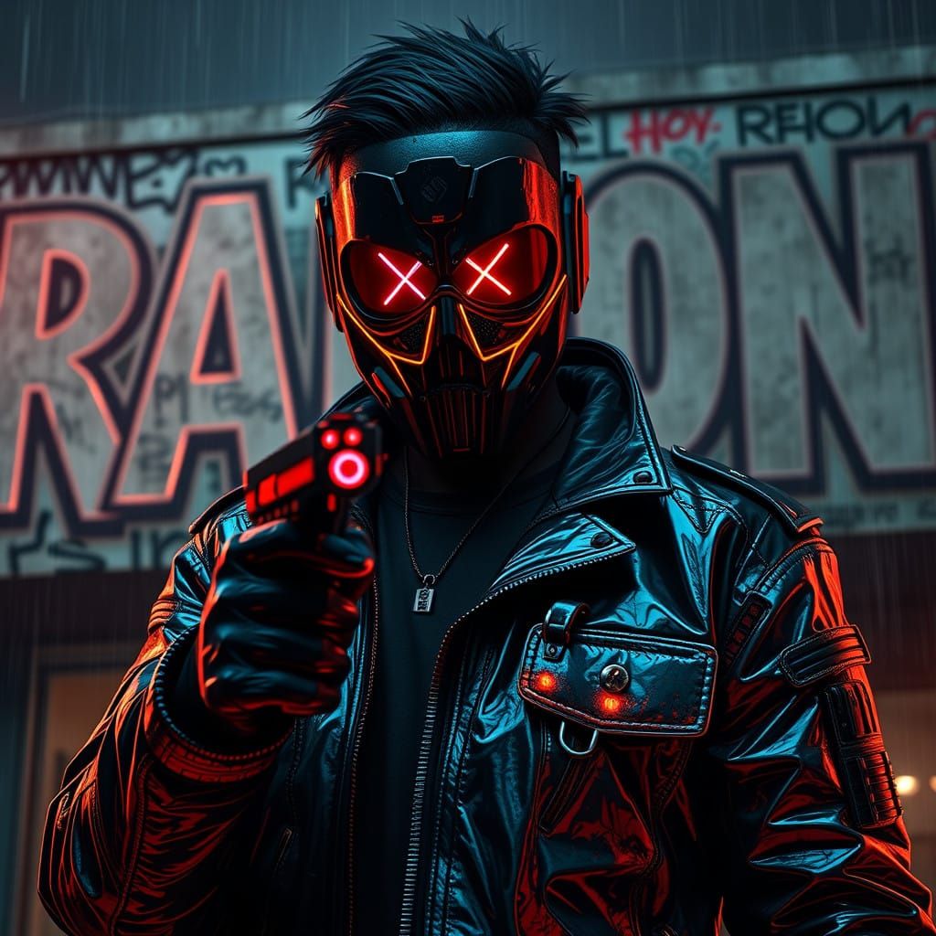 Cyberpunk Hero Stands Resolute in Dystopian Metropolis