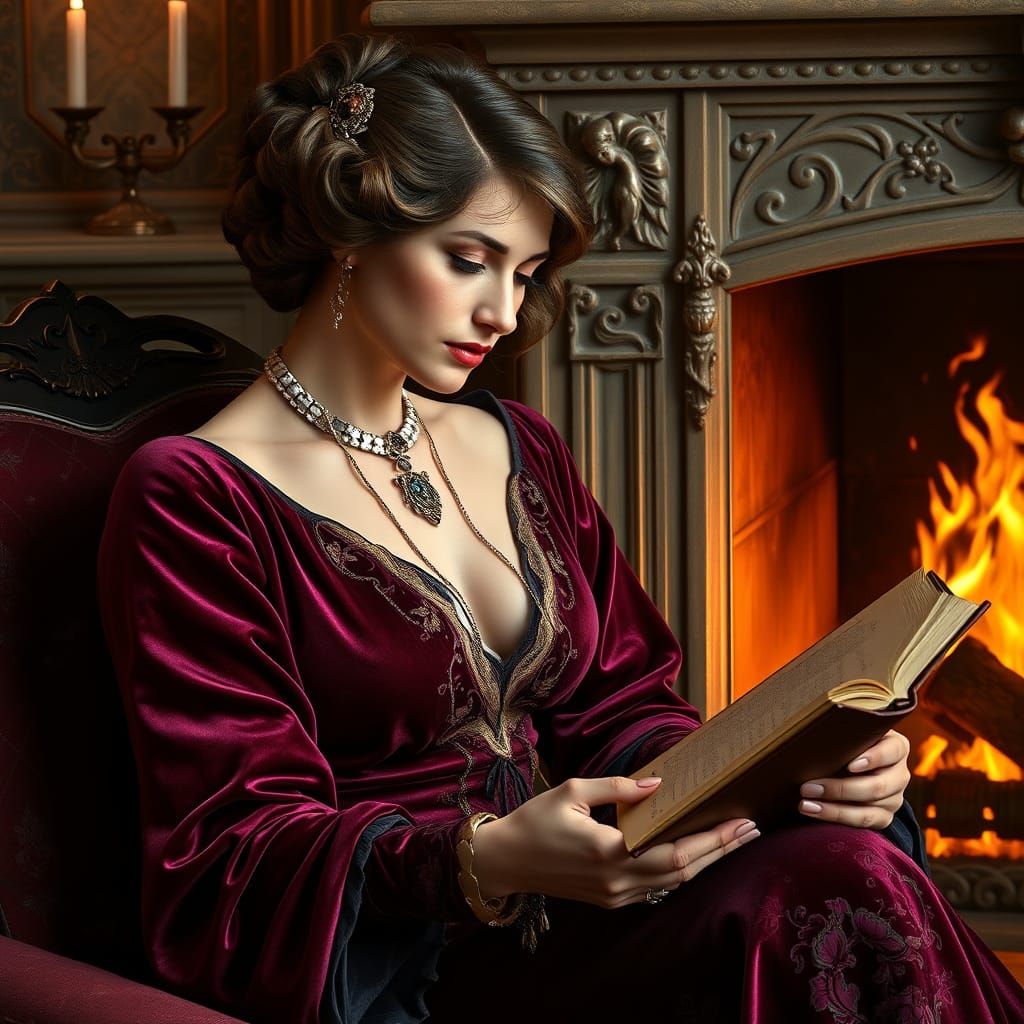 Elegant Woman Reading: Art Nouveau Portrait