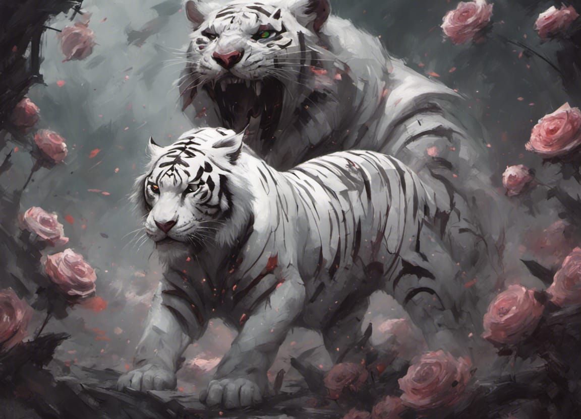 Armored White Tiger with Roses in Fantasy Style