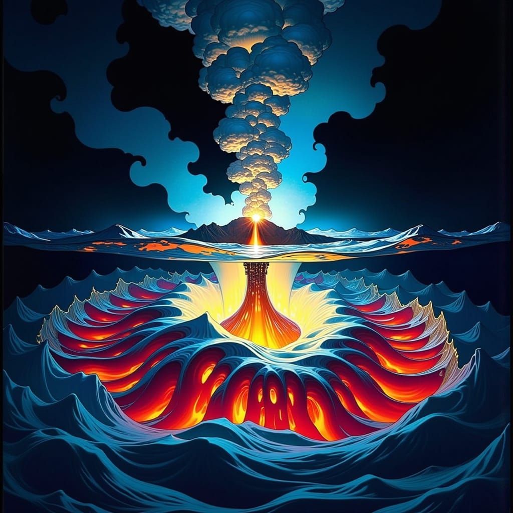 Underwater Volcano Eruption in Art Nouveau Style