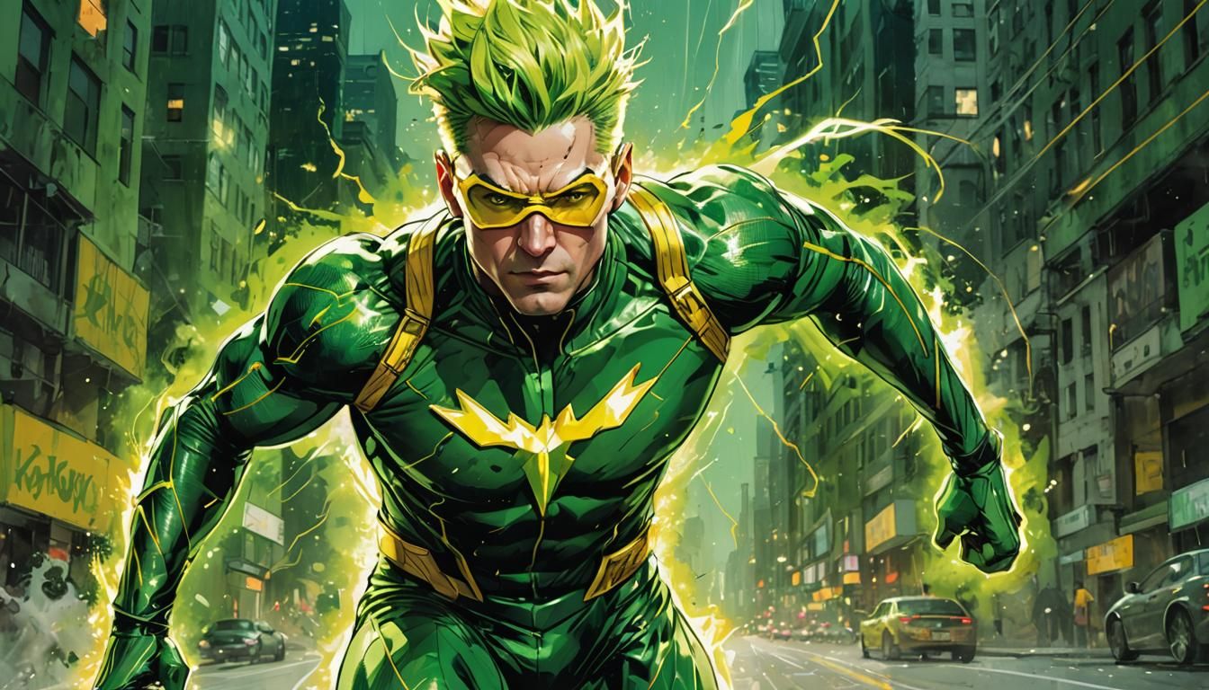 Green Speedster Superhero Runs with Lightning