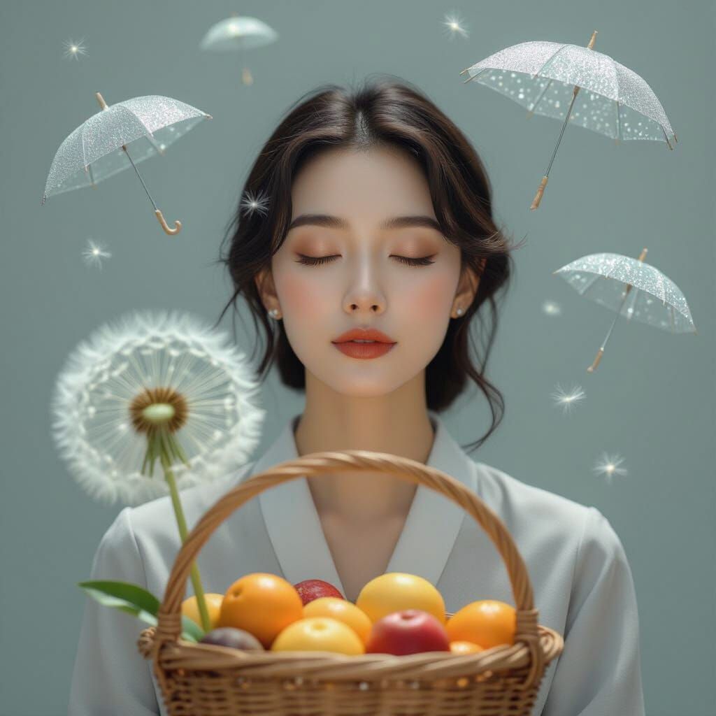 Woman's Face in Smoky Light with Fruit Basket