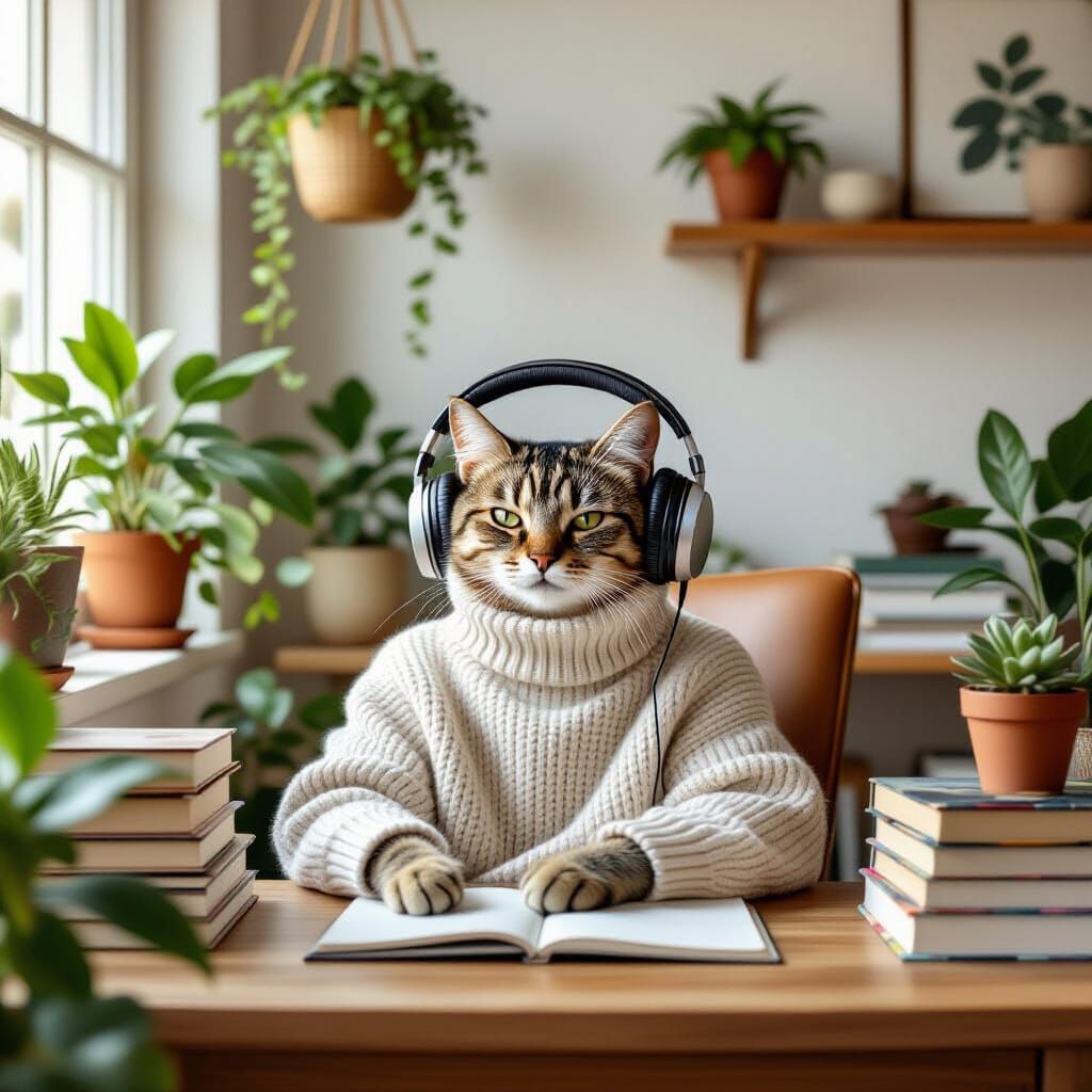 Relaxed Millennial Cat Surrounded by Plants, Illustration