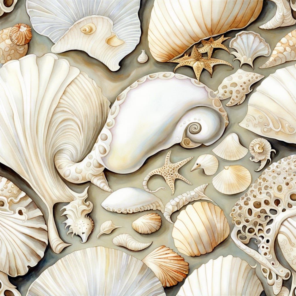 Mother-of-Pearl Shells in Gouache Watercolor