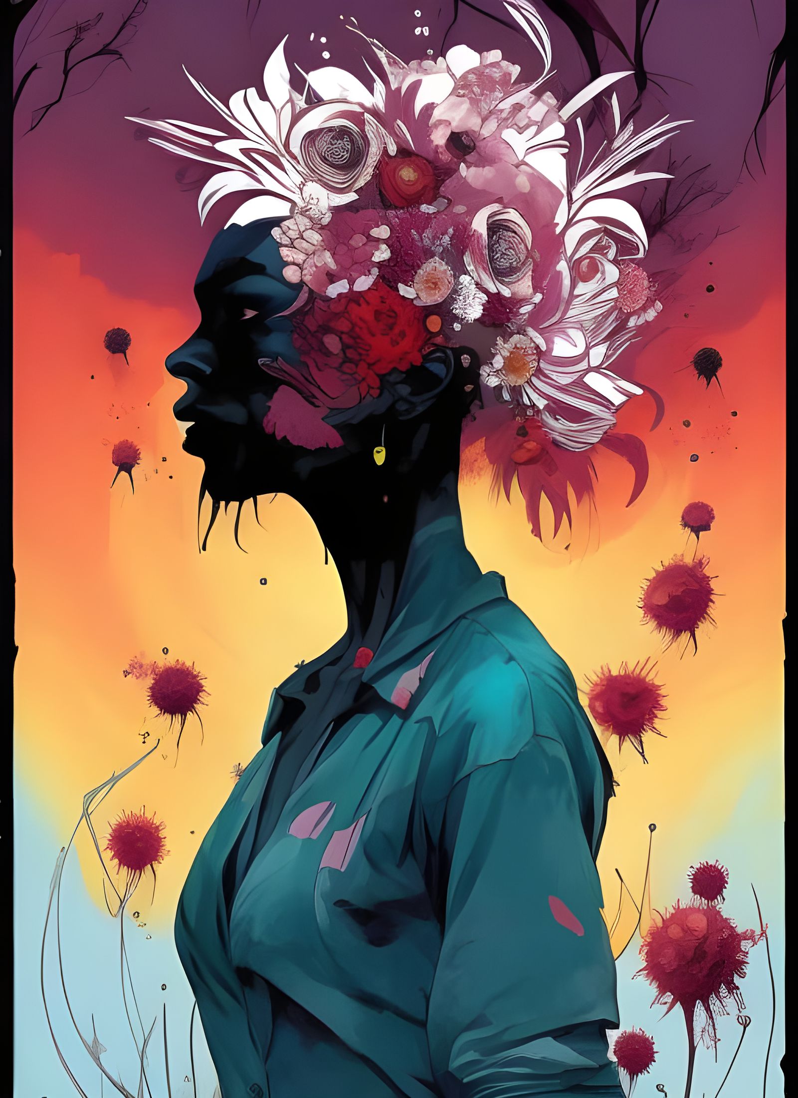 Fungus Zombie Exploding into Paint, Digital Illustration