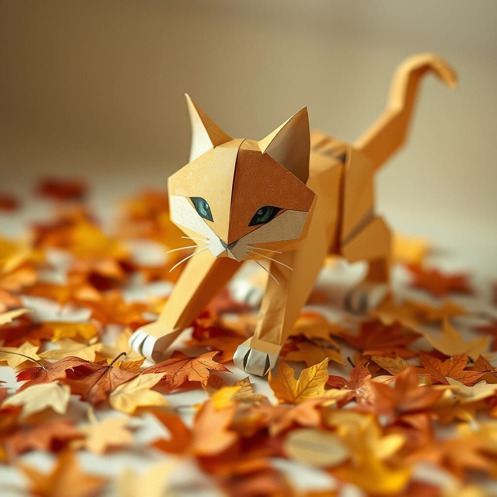 Paper Collage Cat Pouncing on Autumn Leaves