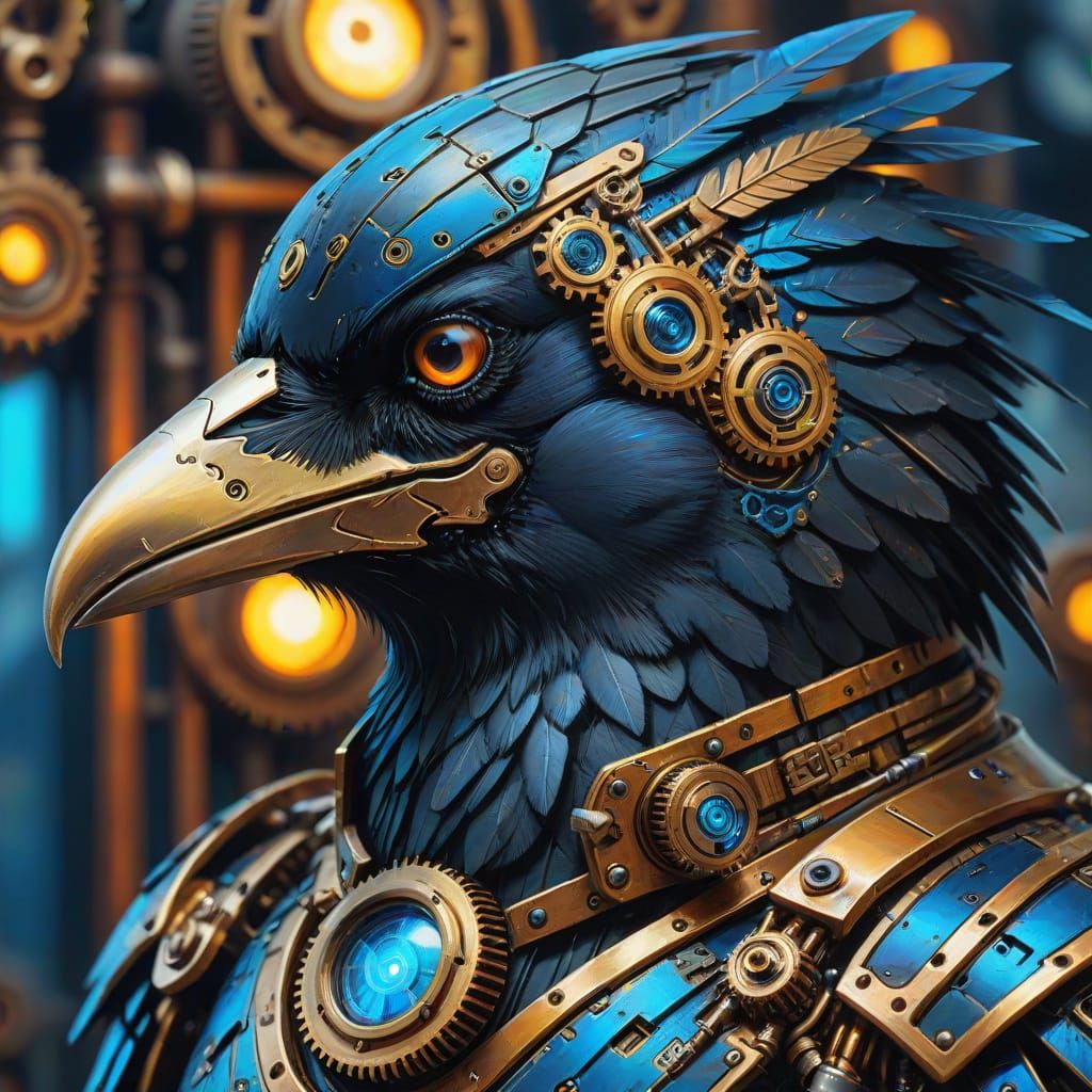 Cybernetic Steampunk Raven Close-Up in Oil Painting Style