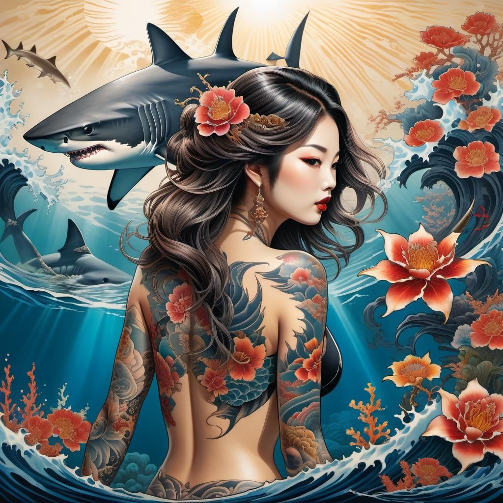 Japanese Shark Tattoo Art in Traditional Style