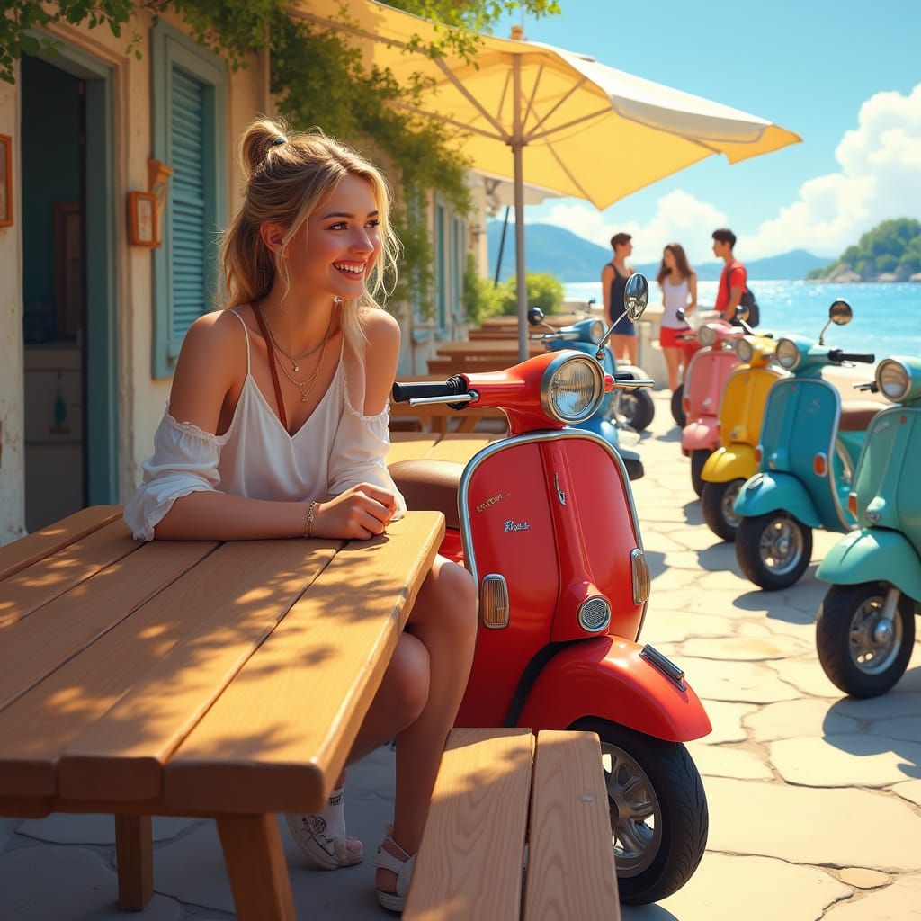 Vibrant Coastal Scene of Scooter Enthusiasts Gathering Outsi...