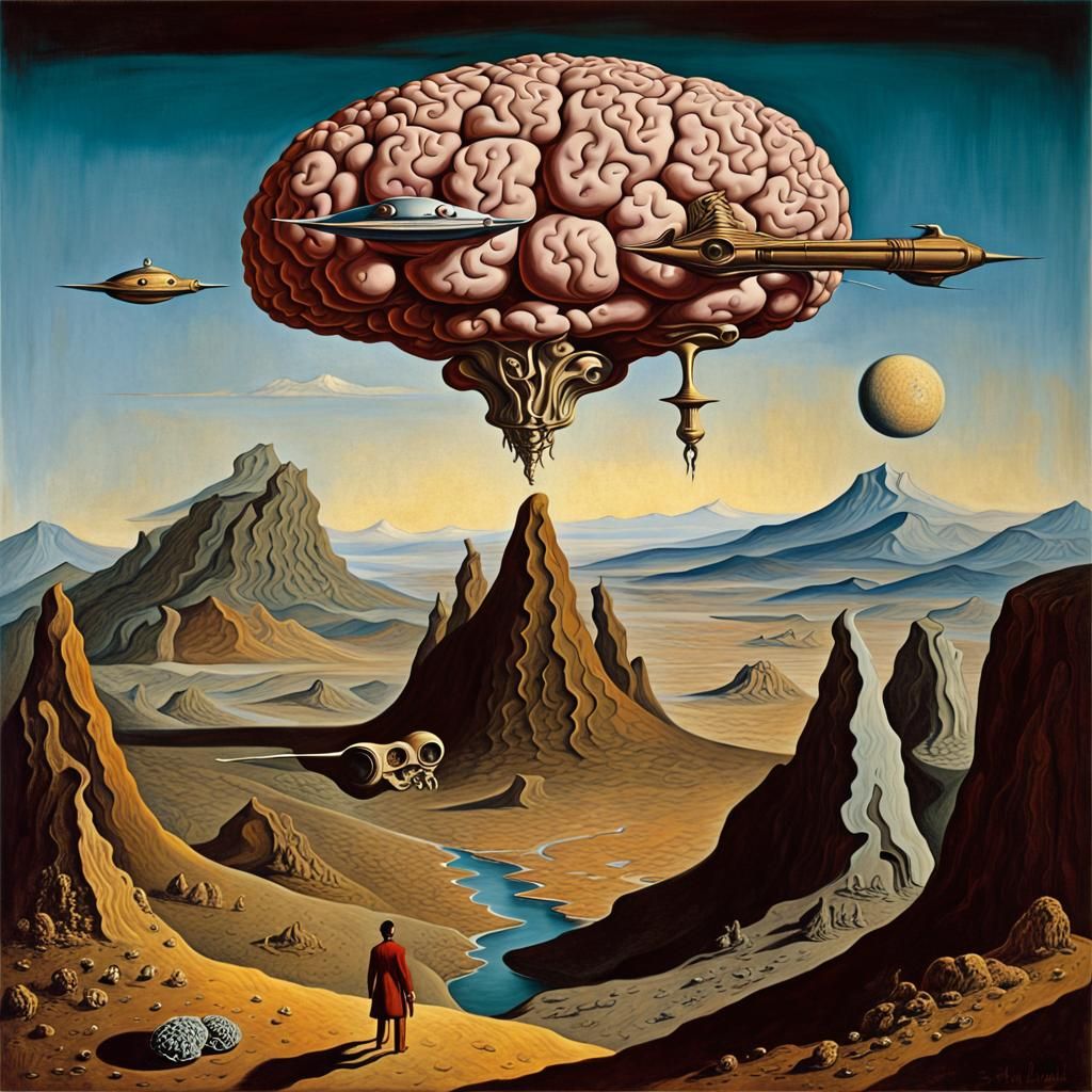 Brain Mountains and Spaceship: A Surrealist Landscape