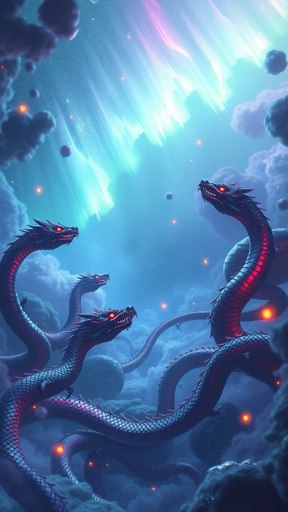 Glowing nebula drn full of dragon serpents , cyan, purple, green and red fade serpents , the sky reflecting an Aurora, I...