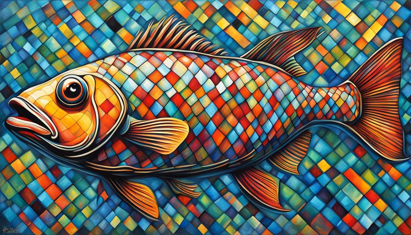 Plaid Fish Swimming in Abstract Ocean