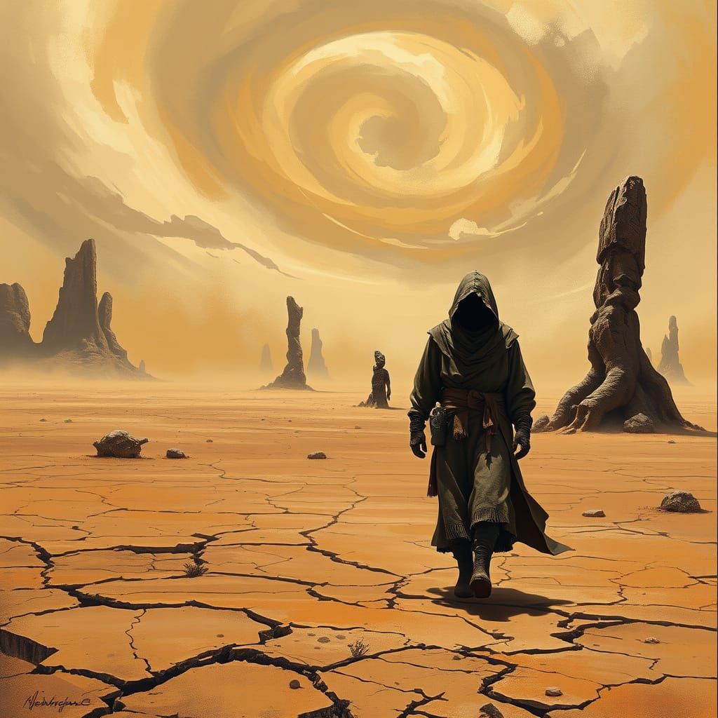 Mysterious Traveler in a Futuristic, Alien Wasteland