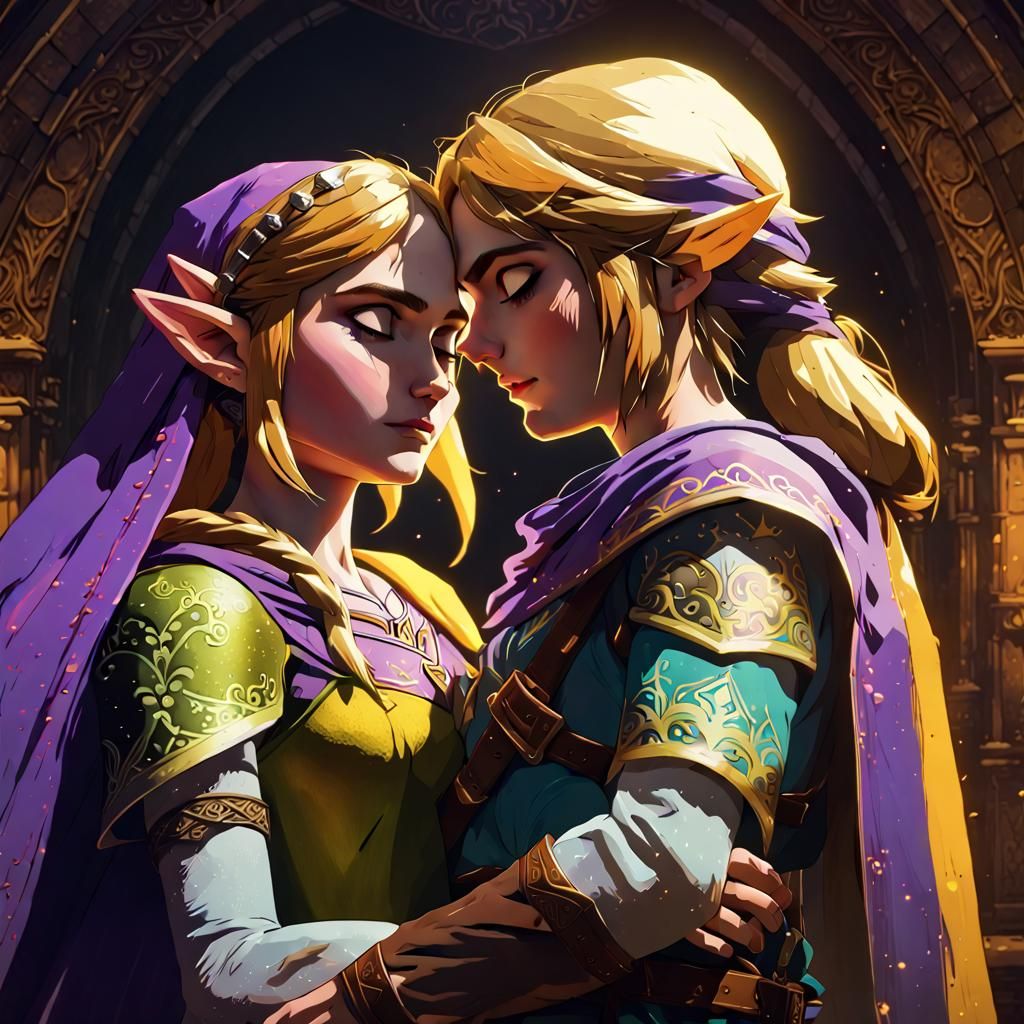 Link and Zelda Cuddling: Dark Fantasy Concept Art