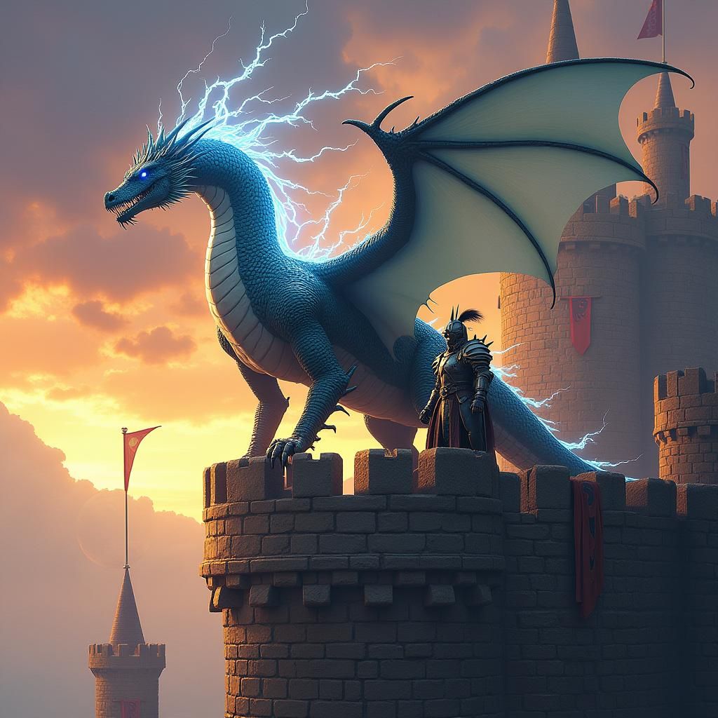 Electric Dragon and Soldier in High-Fantasy Realm
