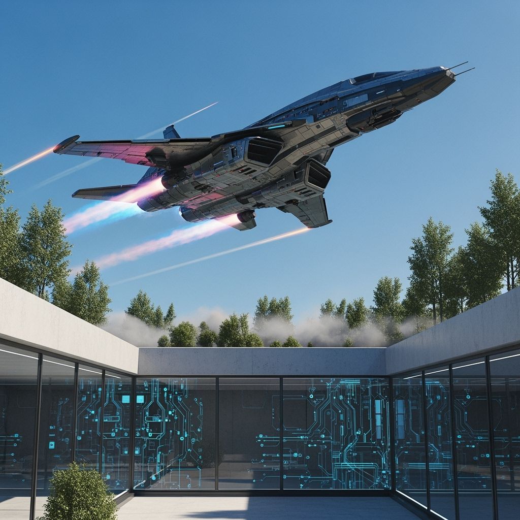 Cyberpunk Spacecraft Soaring Through a Piercing Blue Sky