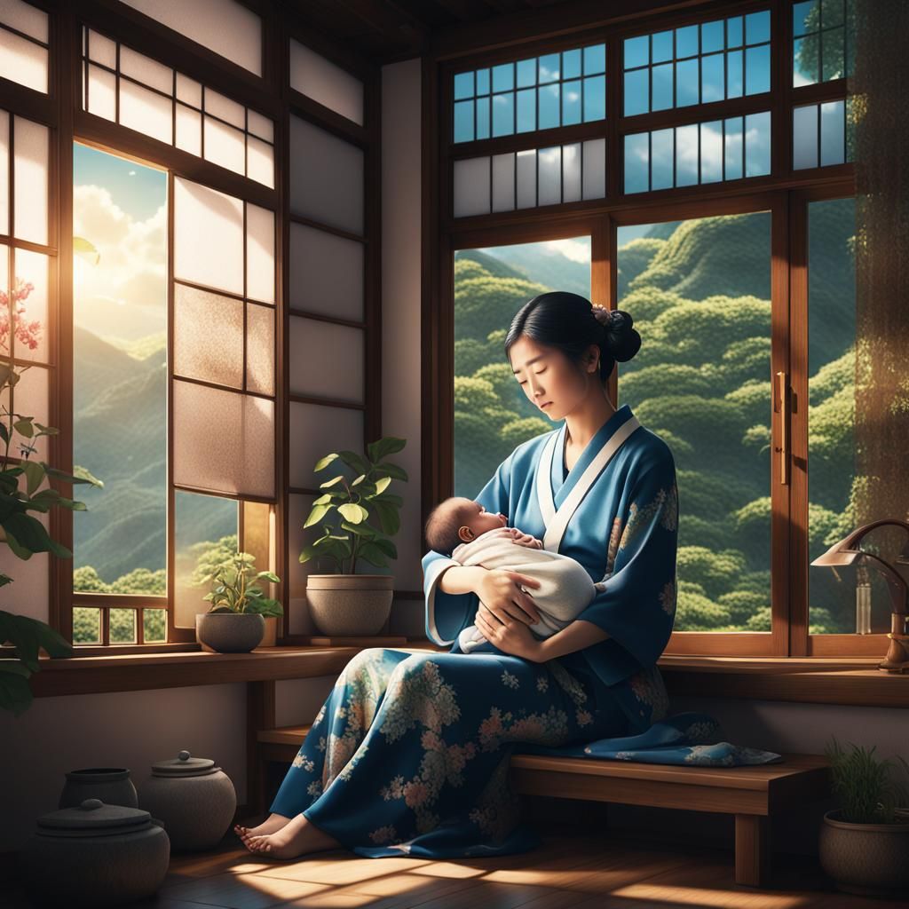 Japanese Woman and Newborn, Detailed Matte Painting
