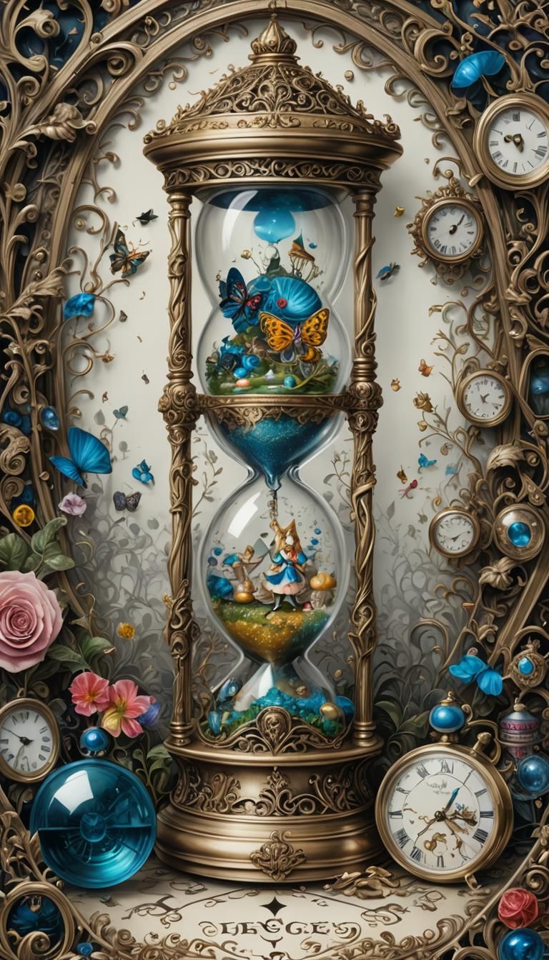 Hyperrealistic Hourglass with Alice in Wonderland Theme