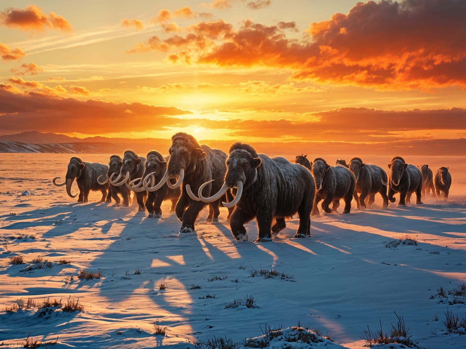 Woolly Mammoths Migration Across Snowy Tundra at Sunset