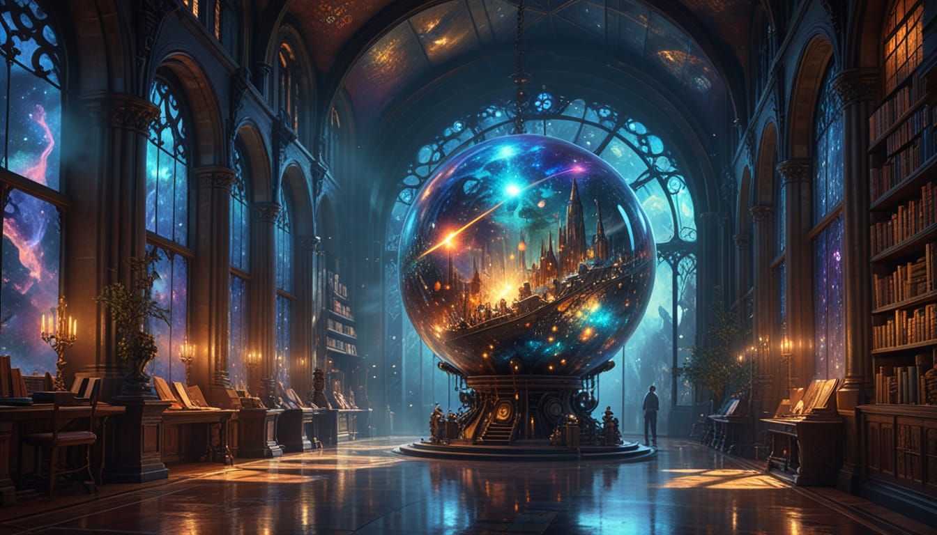 Cosmic Library Guarded by Stone Golem, Holographic Illustrat...