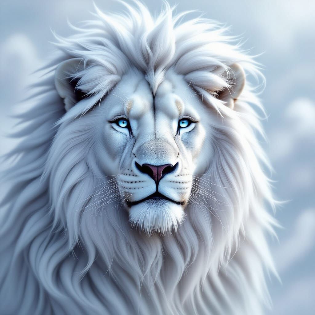 Majestic White Lion with Ethereal Mist Background