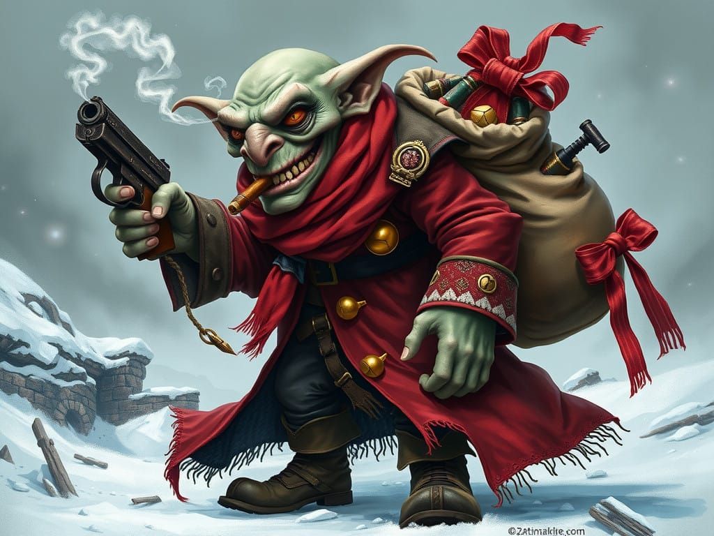 Warhammer 40K, Goblin, long red coat, bag of bombs disguised as presents, holding a bolter pistol, smoking a cigar, wick...