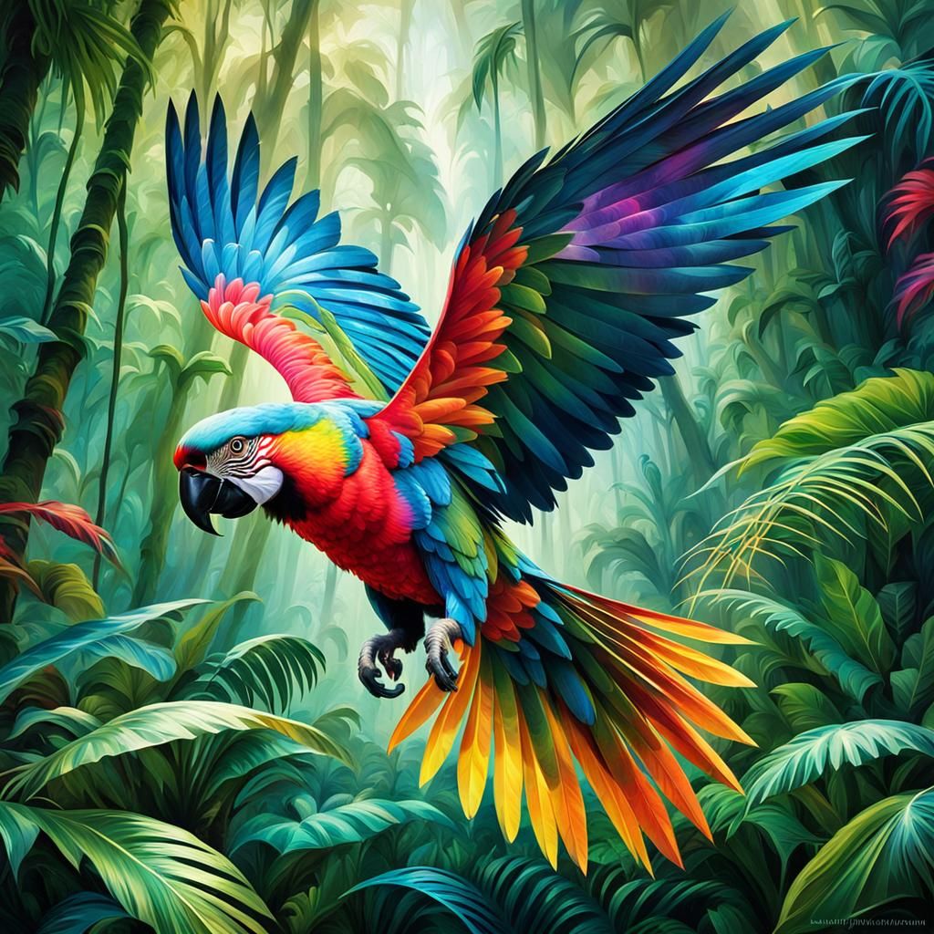 Futuristic Parrot Flying in Lush Jungle