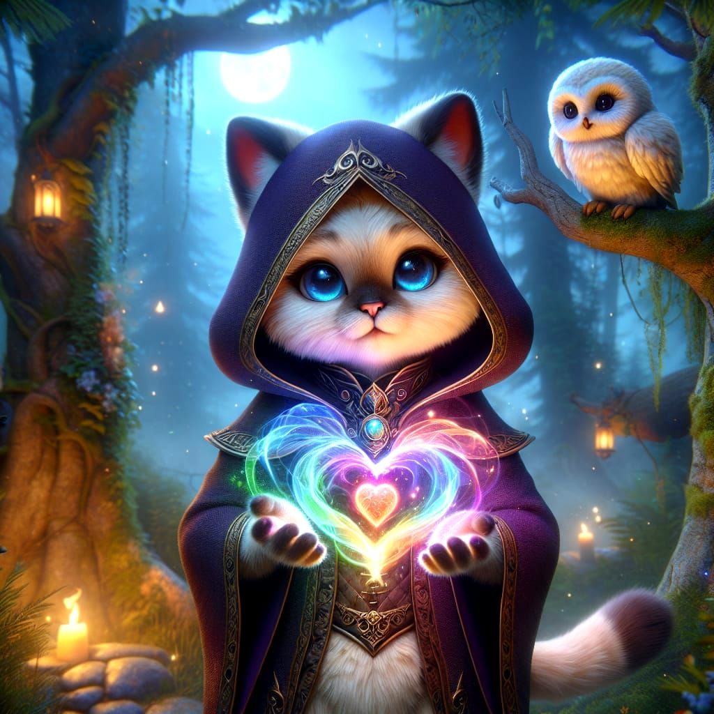 Cute Furry Siamese Cat Sorceress Holding Heart Energy