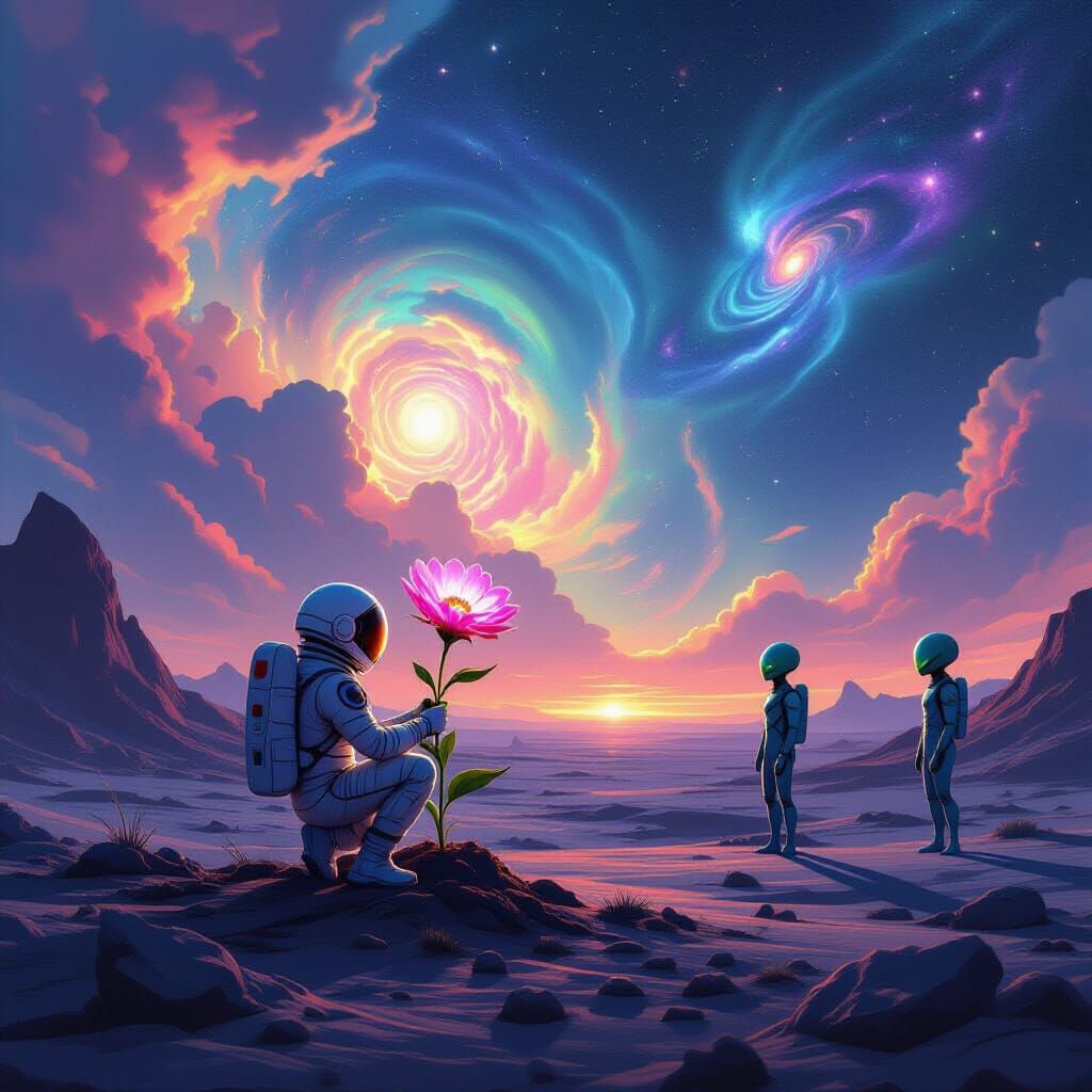 Astronaut Plants Bioluminescent Flower on Alien Planet