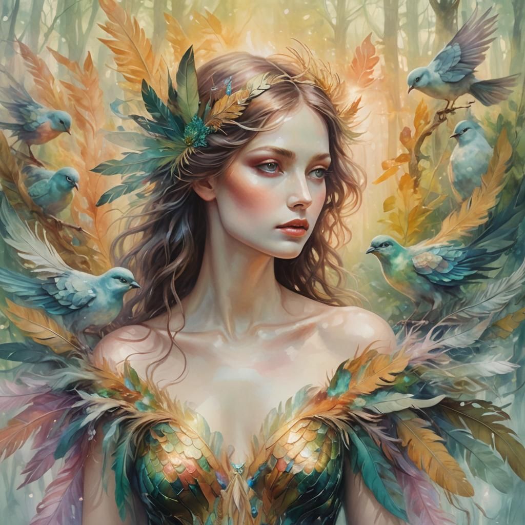Iridescent Bird Goddess in Surrealist Forest