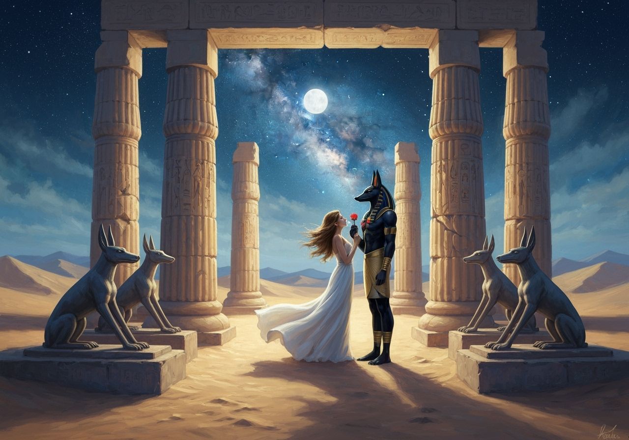 Anubis and Radiant Woman in Ancient Desert Temple as Impress...