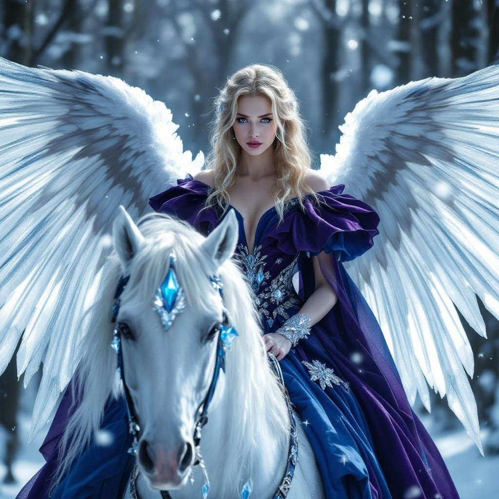 Angelic Winter Queen Rides Majestic White Horse in Snowy For...