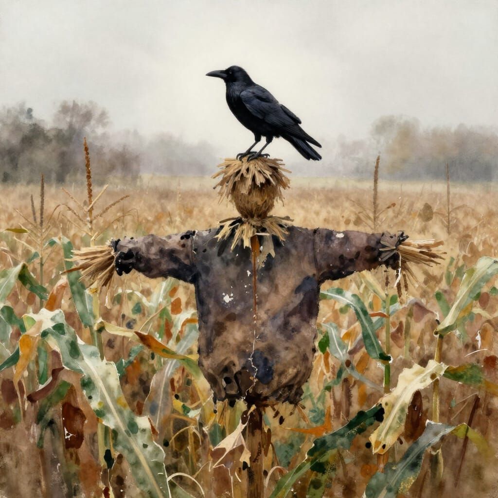 Crow on Scarecrow in Misty Cornfield Watercolor